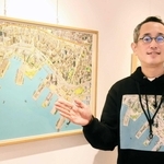 阪神・淡路大震災から３０年の節目となる２０２５年１月１７日の神戸の鳥瞰図を描いた青山大介さん＝神戸市中央区