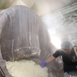 甘い香りと湯気が立ち、蒸し上がった酒米＝20日午前、神戸市東灘区御影塚町１