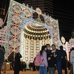 神戸ルミナリエの「スパッリエーラ」の前で写真を撮る人たち＝３０日夜、神戸市中央区加納町６、東遊園地（撮影・丸山桃奈）