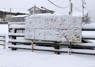 雪で見えなくなったポスター掲示板＝兵庫県香美町香住区矢田（撮影・長谷部崇）