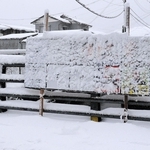 雪で見えなくなったポスター掲示板＝兵庫県香美町香住区矢田（撮影・長谷部崇）