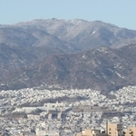 寒波で冠雪した六甲山。山麓に広がる住宅街も白く覆われた＝９日午前、伊丹市内から（撮影・小林良多）