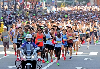 白バイに先導されて疾走する先頭集団＝２０２５年１１月、神戸市中央区（撮影・笠原次郎）