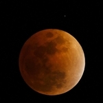 皆既月食で食の最大を迎え、赤銅色に染まった月＝３日午後８時３３分、兵庫県佐用町の大撫山から