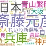 「衆院　兵庫」を含むＸ上の投稿で、リポスト回数が多かった上位１００アカウントのプロフィル欄に書き込まれたキーワード。斎藤元彦知事の名前が際立っている。