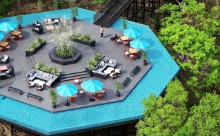 山の緑に囲まれた八角形の「エメラルド・ラウンジ」。ソファやテーブルが並び、くつろぎながら港町の絶景を楽しむことができる＝神戸市中央区（ドローンで撮影）