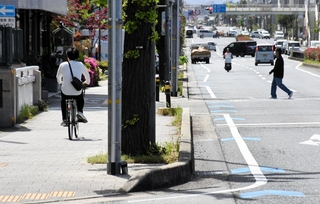「車道混在」の矢羽根が描かれた国道２号。路上駐車が多く、歩道を走る自転車が目立つ＝芦屋市打出小槌町