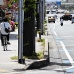「車道混在」の矢羽根が描かれた国道２号。路上駐車が多く、歩道を走る自転車が目立つ＝芦屋市打出小槌町