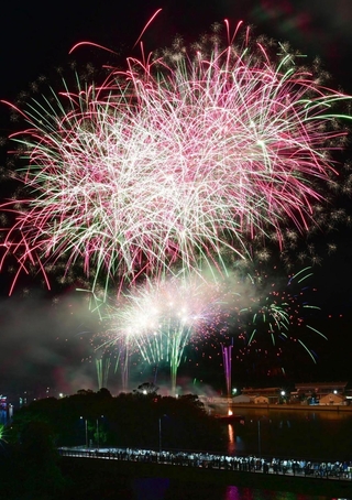 相生ペーロン祭の海上花火大会で夜空を彩った花火＝３０日夜、相生市の相生湾（撮影・中西幸大）