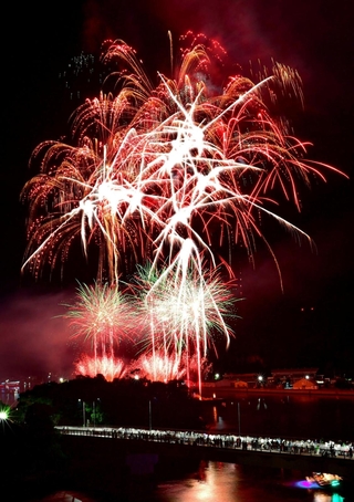 相生ペーロン祭の海上花火大会で夜空を彩った花火＝３０日夜、相生市の相生湾（撮影・中西幸大）