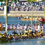 力強く船を進めるこぎ手たち＝３１日午後、相生市の相生湾（撮影・中西幸大）