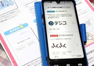 加古川の「家計応援ギフト」の案内文のイラスト（左下）と、スマホで申し込む際の実画面（右）。表示が異なっている