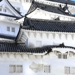 漆喰が剝がれた姫路城ホの櫓（手前）の外壁＝３日午後、姫路市本町