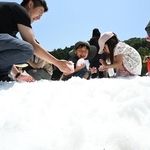 夏空の下、人工雪で遊ぶ子どもら＝１８日午前、神戸市灘区六甲山町北六甲、六甲山アスレチックパークグリーニア（撮影・斎藤雅志）