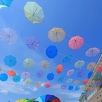夏空を彩る色とりどりの傘＝淡路市夢舞台、国営明石海峡公園（撮影・丸山桃奈）