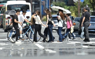 暑さの影響で市街地の道路に現れた「逃げ水」＝２４日午後、神戸市中央区
