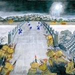 盧溝橋の夜襲戦を描いた衣川信良さんの作品。１９３７年７月２９日に中国で経験した戦闘を描いたという（高浜公民館提供）