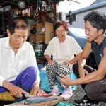 桑名金太郎さん（右端）のリクエストに応じ、手際よく魚をさばく満行さんと寿々代さん。ありのままの日常と魚談義が人気だ＝淡路市育波
