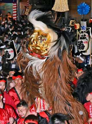 境内で激しい舞を披露する毛獅子＝１４日夜、姫路市大塩町汐咲１、大塩天満宮（撮影・斎藤雅志）
