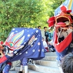 坂越の船祭りで大避神社から浜へ迎う獅子舞＝１１日午後、赤穂市坂越（撮影・桑名良典）