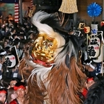 境内で激しい舞を披露する毛獅子＝１４日夜、姫路市大塩町汐咲１、大塩天満宮（撮影・斎藤雅志）