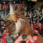 境内で激しい舞を披露する毛獅子＝１４日夜、姫路市大塩町汐咲１、大塩天満宮（撮影・斎藤雅志）