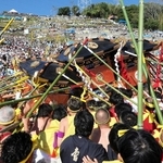 多くの観衆が見守る中で、激しくぶつけ合う３基の神輿＝１５日午後、姫路市白浜町（撮影・大山伸一郎）