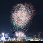 神戸港の夜空を彩る花火＝１９日午後、神戸市中央区港島２、ポートアイランド北公園（撮影・鈴木雅之）