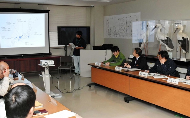 コウノトリの負傷事案について報告を聞く関係者ら＝豊岡市祥雲寺