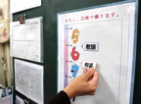 教員がその日の退勤時間を示す専用ボード＝神戸市立小束山小学校