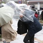 強風でひしゃげたビニール傘を差して歩く男性＝２７日午後２時３２分、神戸市中央区東川崎町１（撮影・吉田敦史）