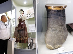 兼高かおるさんゆかりの衣装（左）と展示物「象の足のテーブルの脚　ケニア」＝淡路市塩田新島、淡路ワールドパークＯＮＯＫＯＲＯ