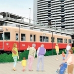 武庫川団地内に設置する赤胴車のイメージ（阪神電鉄提供）