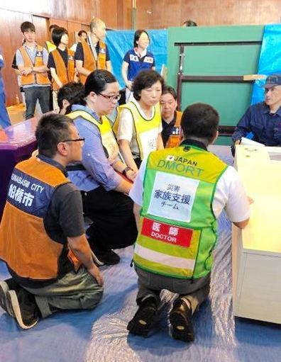 遺族役や医師役に分かれ、ロールプレイングで対応を学ぶ医師ら＝２０１９年８月、千葉県船橋市（日本ＤＭＯＲＴ提供）