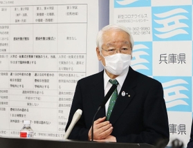 県立校の休校延長について、学区ごとの対応に関する資料を背に会見する兵庫県の井戸敏三知事＝６日午前、兵庫県庁（撮影・辰巳直之）