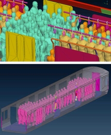 満員に近い電車内のシミュレーション想定＝理化学研究所提供