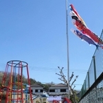 鯉のぼりの泳ぐ園庭。お昼ごはんを食べに園児は屋内へ＝神戸市北区有野台６、明照認定こども園