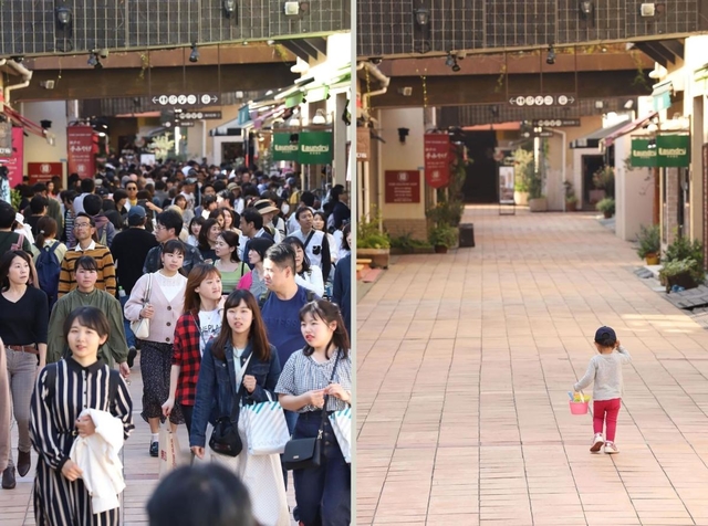 ２０１９年５月２日午後４時ごろの商業施設「モザイク」（写真左）と、人出が消えた２０２０年５月２日午後４時ごろの「モザイク」（同右）＝神戸市中央区東川崎町１