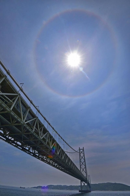 明石海峡の上空に出現した「日暈」＝５日午後、神戸市垂水区、県立舞子公園