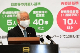 休業要請の部分緩和について解説する井戸敏三知事＝１５日午前、神戸市中央区下山手通４、兵庫県庁（撮影・中西幸大）