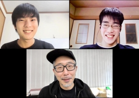 ビデオ会議で取材に応じた（左上から時計回りに）高校生の野崎智弘さん、芦田裕飛さん、プロジェクト責任者の大山雄輝さん（兵庫県新型コロナウイルスまとめサイトプロジェクト提供）