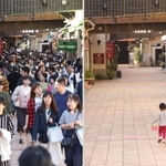 ２０１９年５月２日午後４時ごろの商業施設「モザイク」（写真左）と、人出が消えた２０２０年５月２日午後４時ごろの「モザイク」（同右）＝神戸市中央区東川崎町１