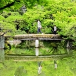 約４０日ぶりに再開し、新緑に包まれた園内を散策する親子＝１８日午前、神戸市中央区中山手通５、相楽園（撮影・中西幸大）