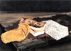 堅豆腐、焼き豆腐、油揚げを描き分けた高橋由一「豆腐」（１８７７年、金刀比羅宮蔵）