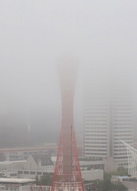 濃霧で上部が隠れたポートタワー＝２６日午前６時５７分、神戸市中央区波止場町（撮影・斎藤雅志）