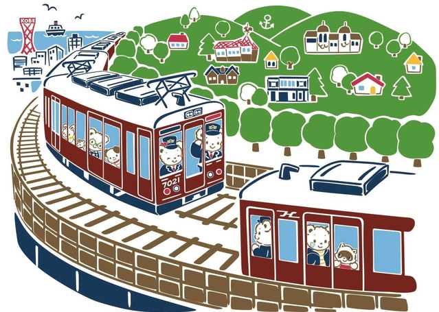 「ファミリア」のファミちゃんやリアちゃんが阪急神戸線に乗車。同線の開通１００周年を記念してデザインされたアートが、車両のヘッドマークにあしらわれる（阪急電鉄提供）