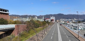 高架の高速道路が建設され、車線の拡張も予定される道路。大学キャンパス（左）の真横を通る＝神戸市中央区港島１