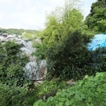 斜面の木が滑り落ち、水色の屋根の民家に土砂とともに流れ込んだ土砂崩れ現場。斜面にはブルーシートがかけられていた＝８日午前、神戸市須磨区（撮影・鈴木雅之）