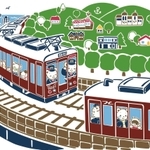 「ファミリア」のファミちゃんやリアちゃんが阪急神戸線に乗車。同線の開通１００周年を記念してデザインされたアートが、車両のヘッドマークにあしらわれる（阪急電鉄提供）