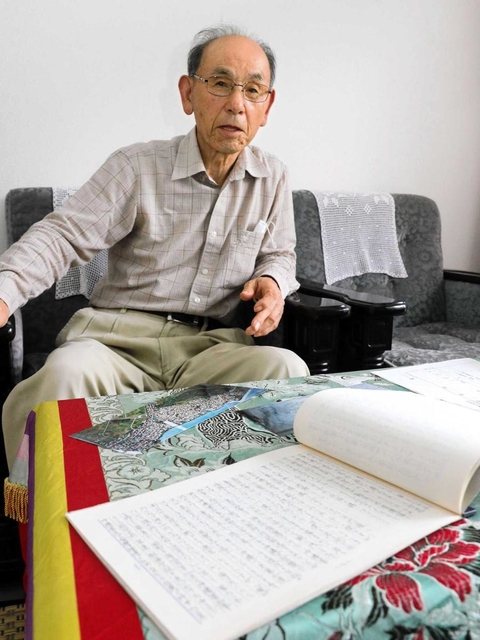 沖縄戦の体験を振り返り、島田叡・元沖縄県知事の思い出を語る三枝利夫さん＝兵庫県佐用町上三河
